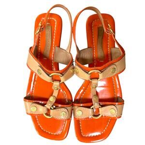 BCBG Leather Flats Ankle Strap Sandals Womens Size 6.5 Orange Tan Gold